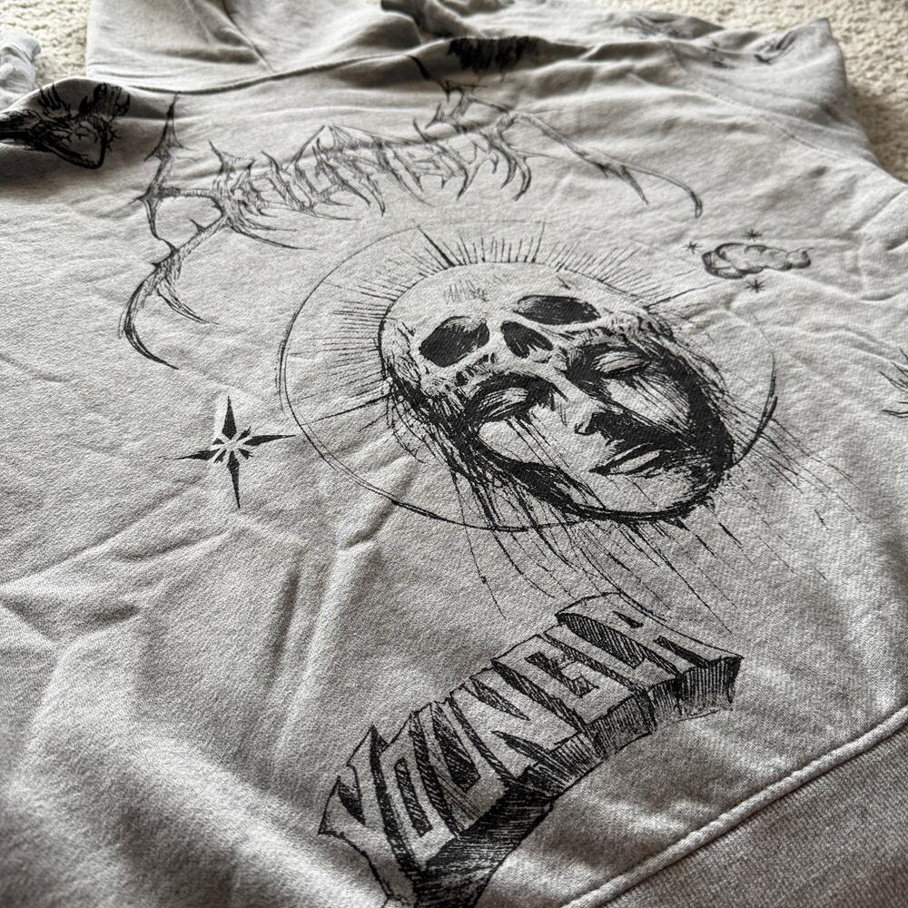 Men's Graphic Crewneck Sweatshirt - Gray Skull & Tattoo Prints - Picture 2 of 8